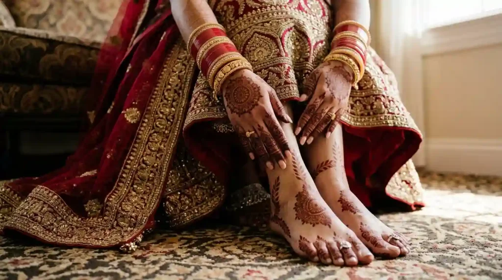 Coordinated bridal mehndi designs for hands and feet with floral mandalas, paisleys, wrist borders, and ankle henna