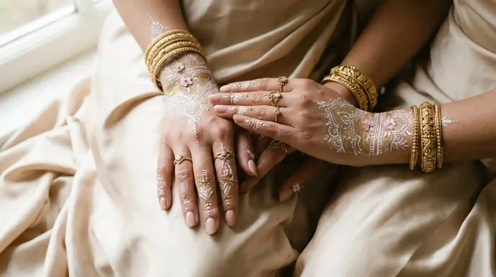Elegant colored mehndi designs photographed with white and gold floral patterns, pink accents, bridal jewelry, and cosmetic glitter