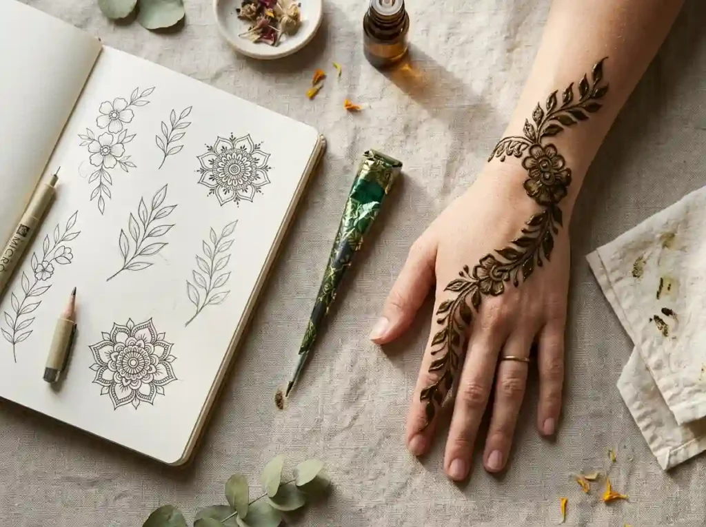 Henna artist workspace with designs