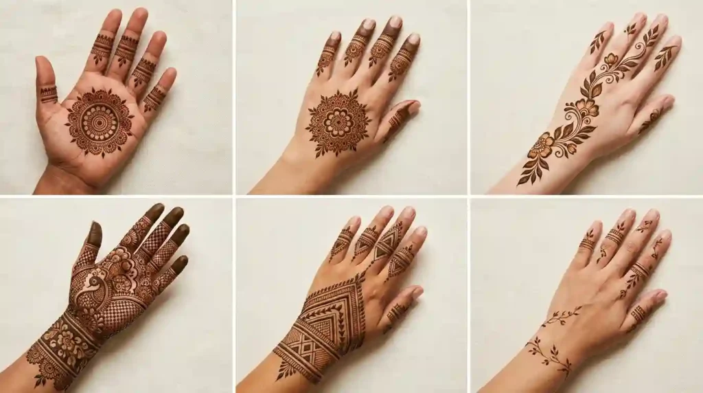 Mehndi design styles for women featuring Indian, Pakistani, Arabic, Rajasthani, Moroccan, and minimalist henna
