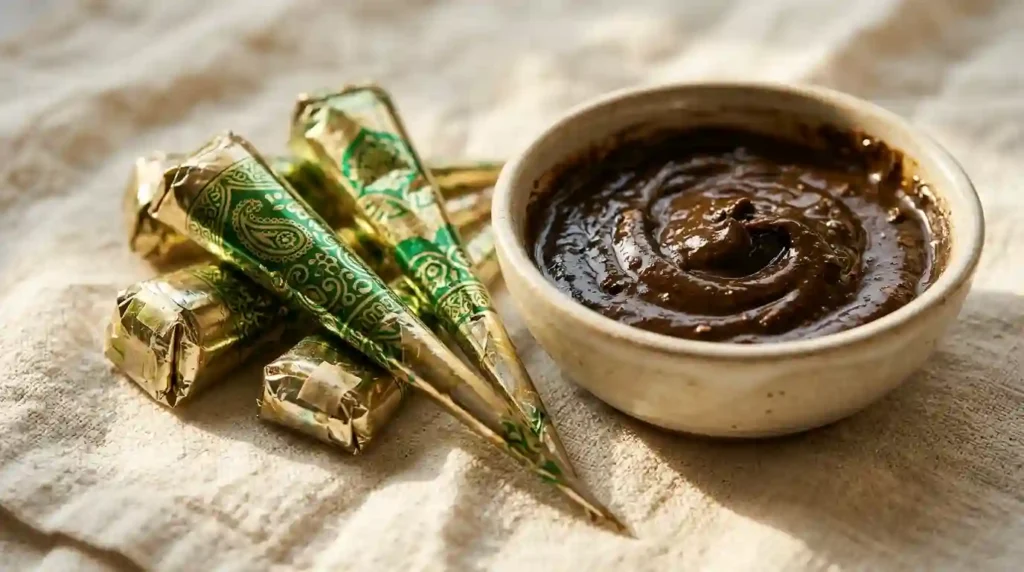 Professional mehndi artist workspace showing beautiful henna design sketches, floral patterns, and henna application