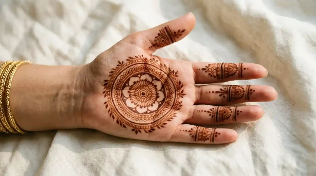 Woman displaying henna mandala palm